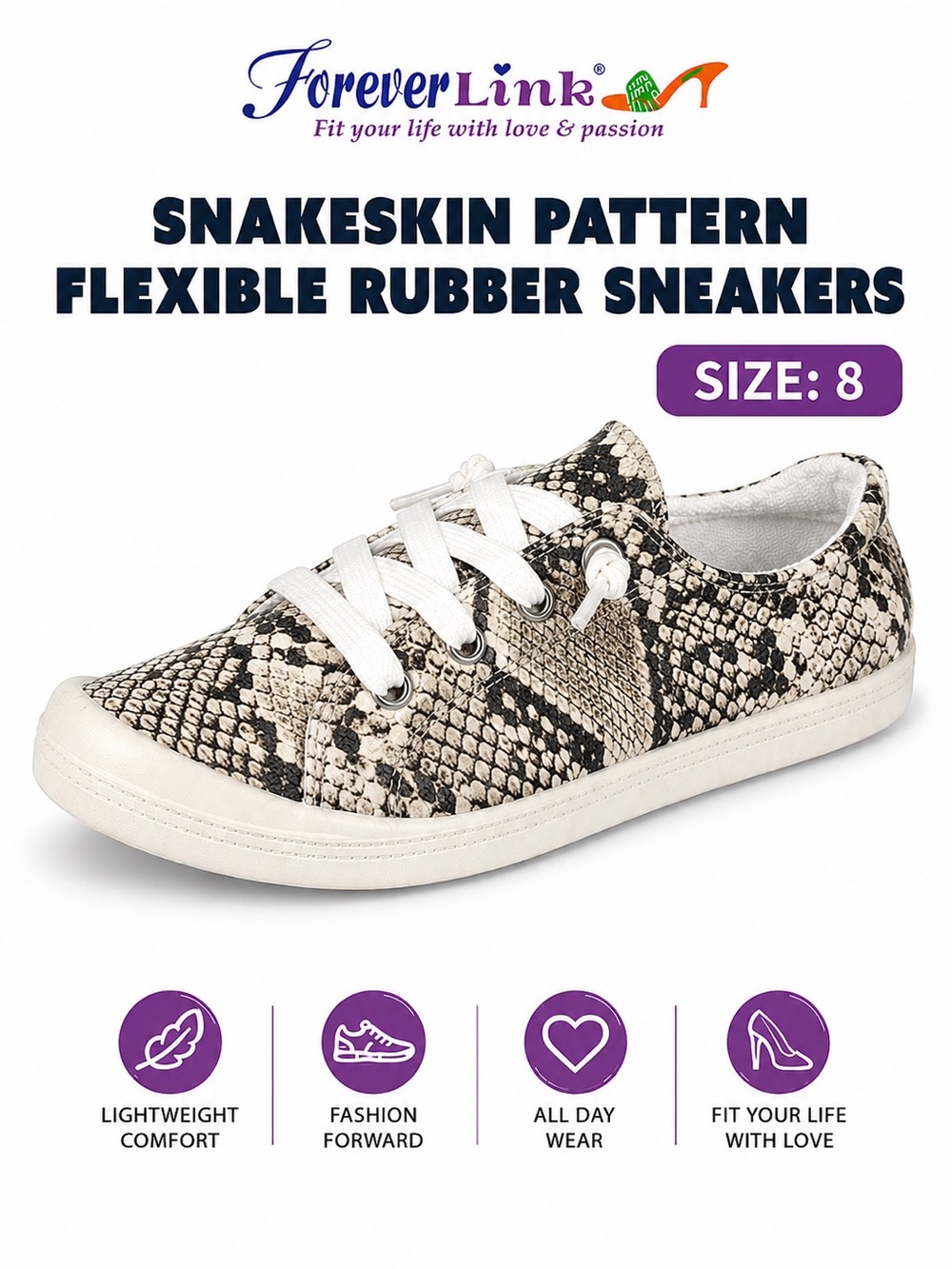 Snakeskin Patterned Lace Up Slip On Flexible Rubber Casual Street Sneakers